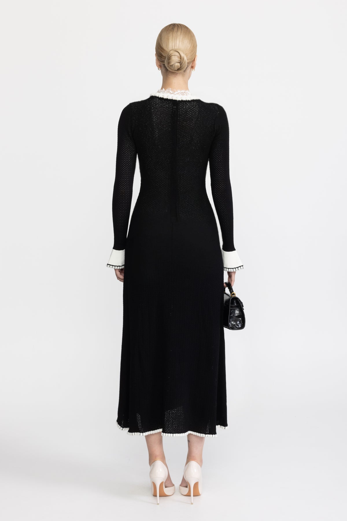 Lace Trim Pointelle Knit Button-Front Midi Dress - Black