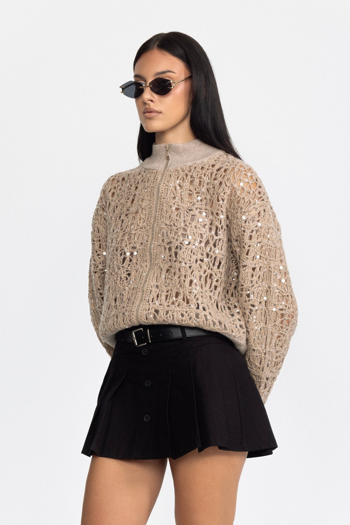 Sequin Open-Knit Zip Cardigan - Beige
