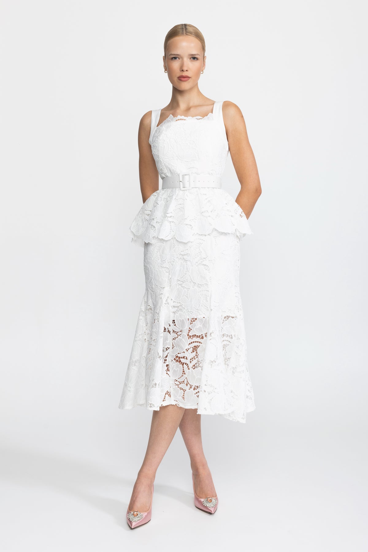 Abito midi peplum in pizzo guipure - Bianco 