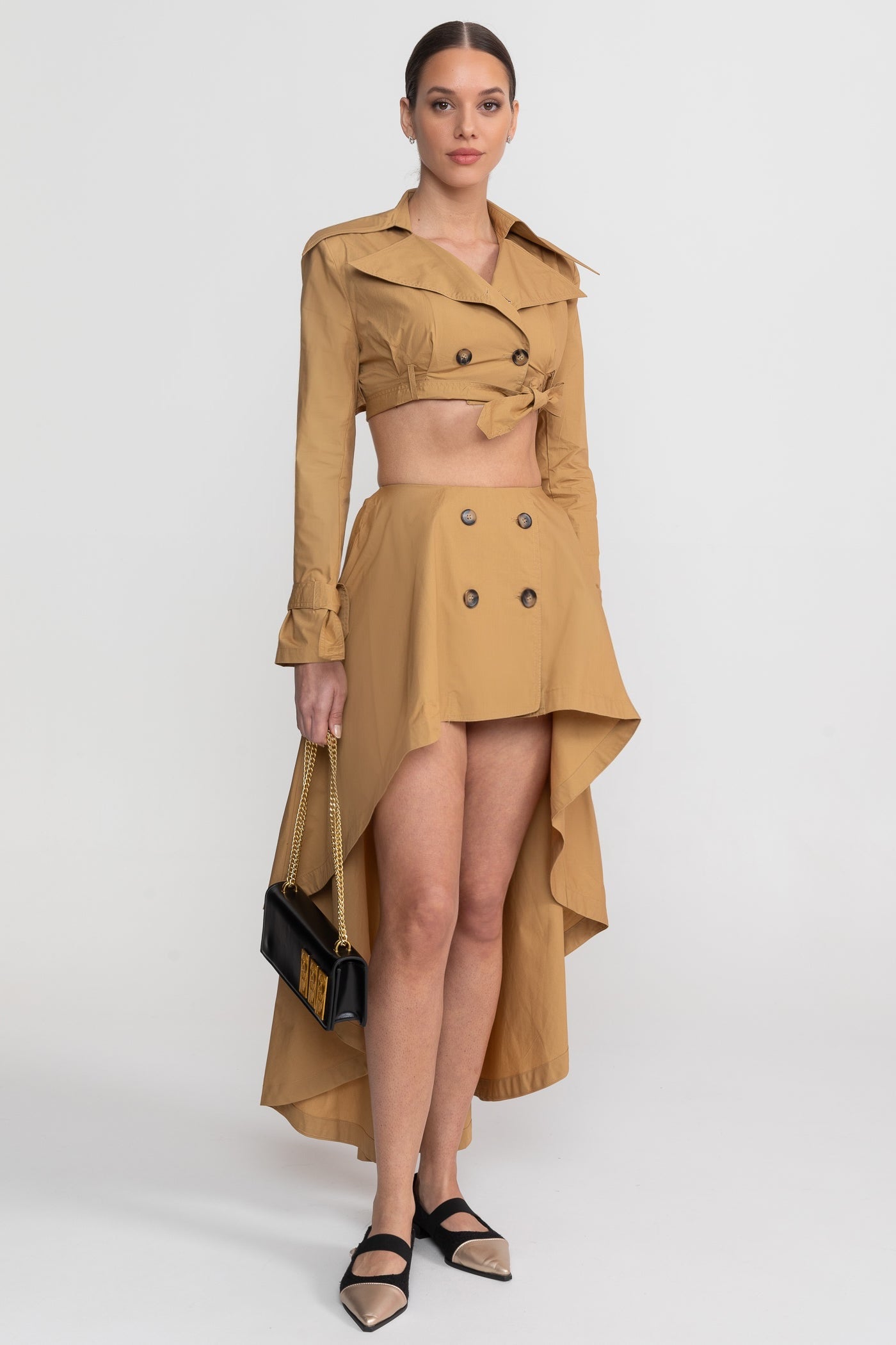 Completo Coordinato Trench Crop con Gonna Asimmetrica High-Low - Camel 