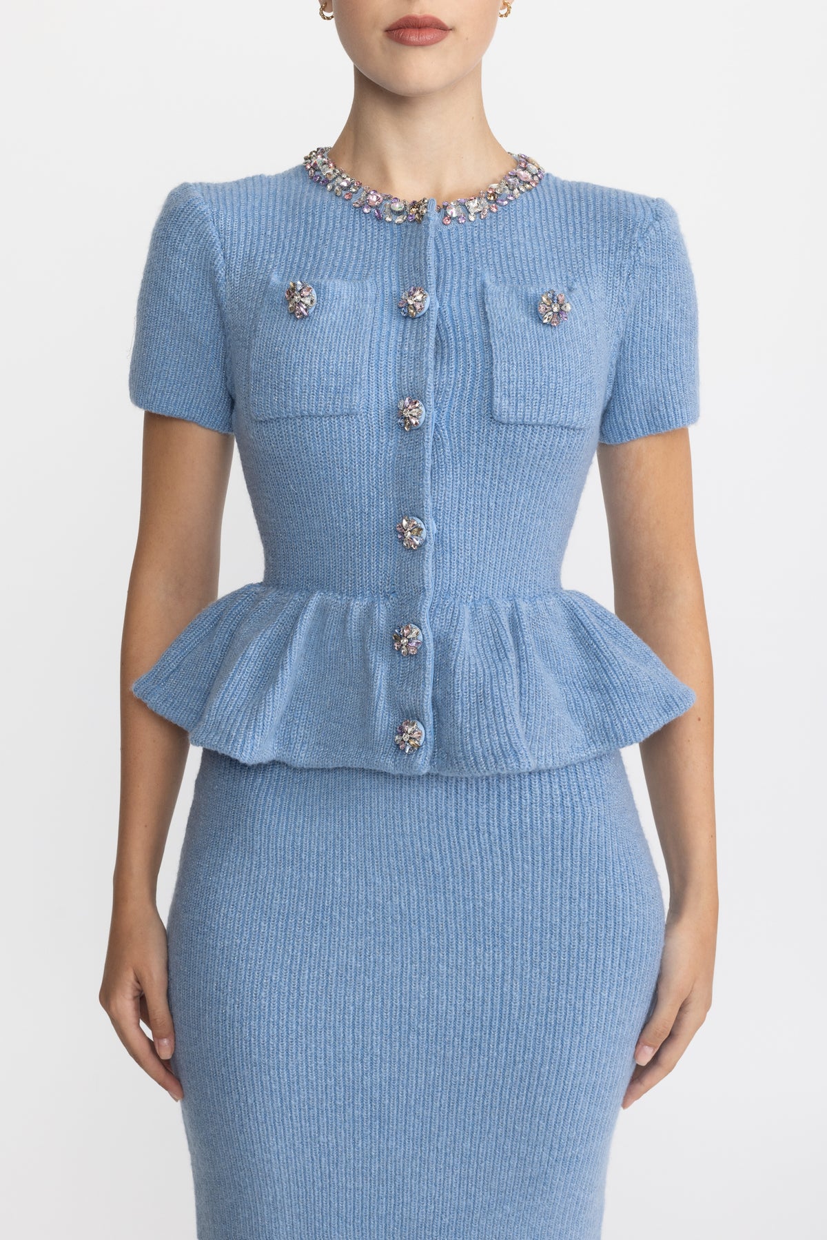 Crystal Embellished Knit Peplum Midi Dress - Light Blue