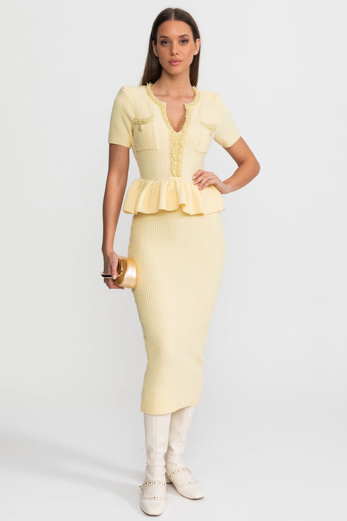 Textured Knit Midi Dress with Peplum Waist Detail – Yellow