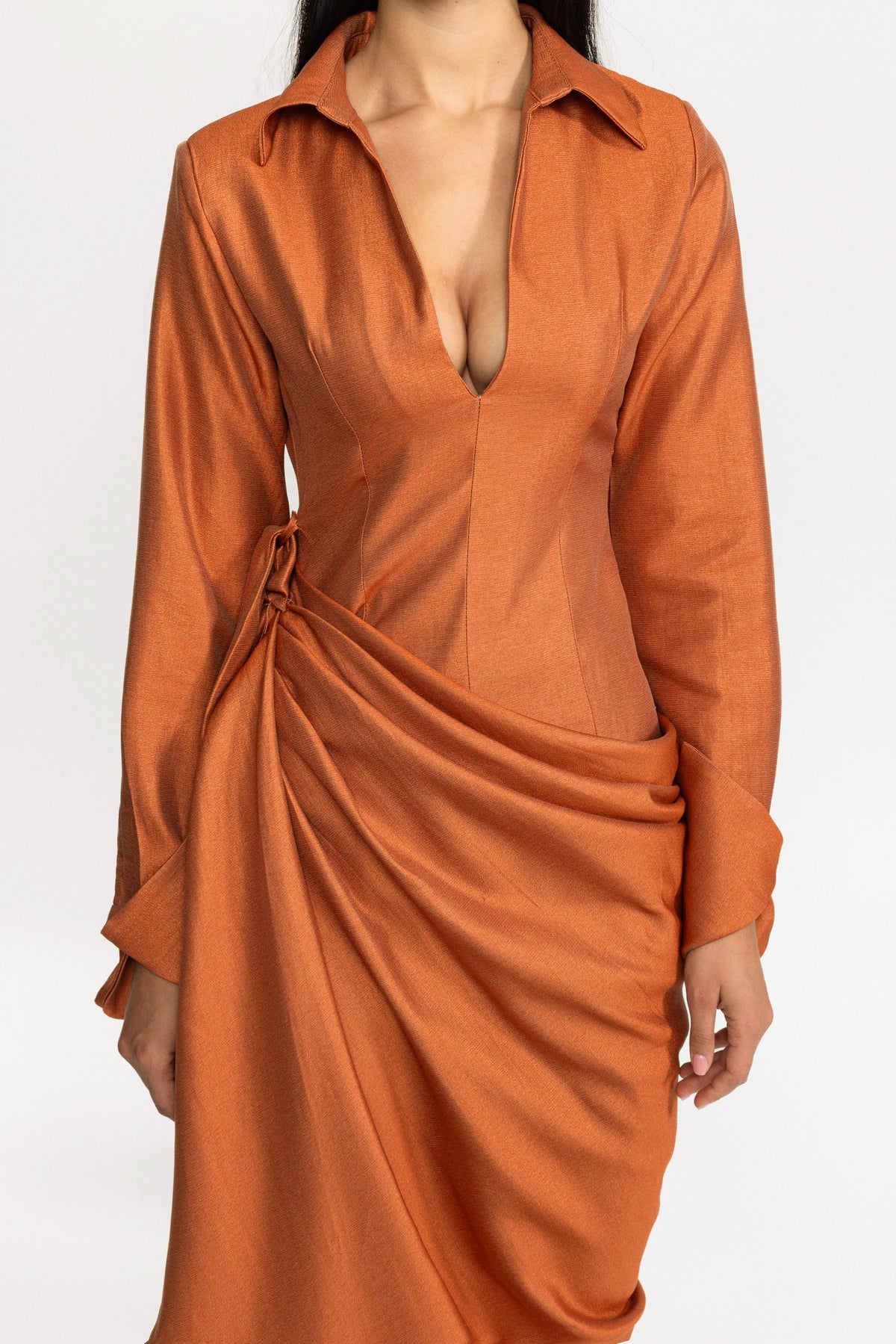 Plunge Collar Draped Wrap Maxi Dress - Burnt Orange