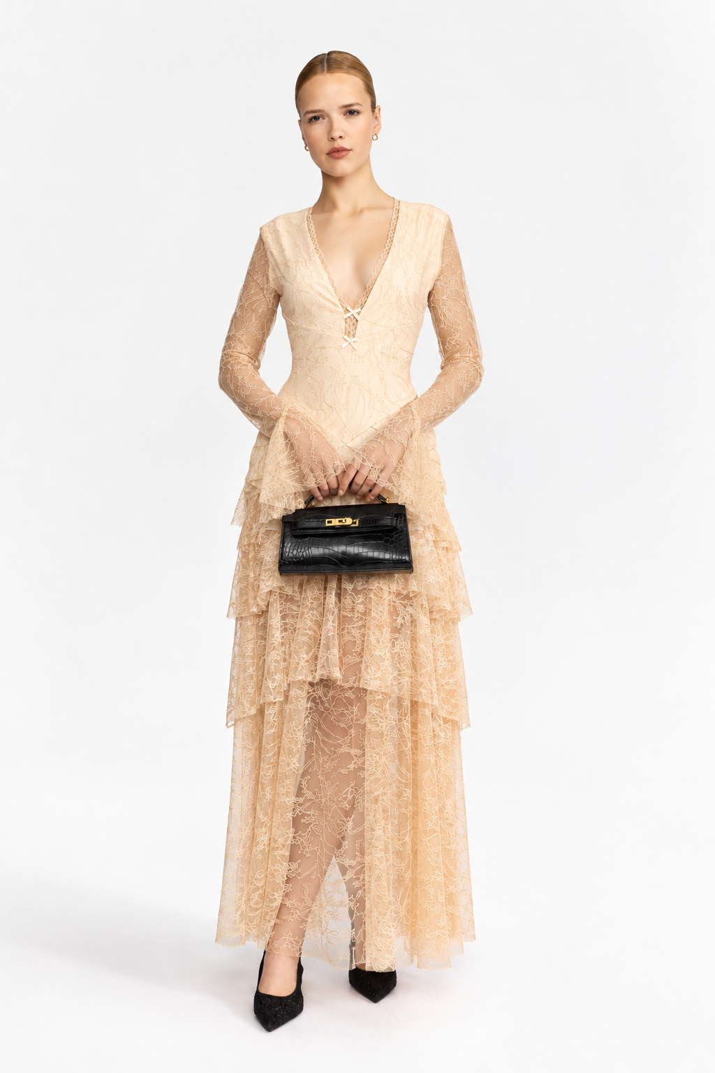 Abito lungo a balze in pizzo Chantilly - Beige 