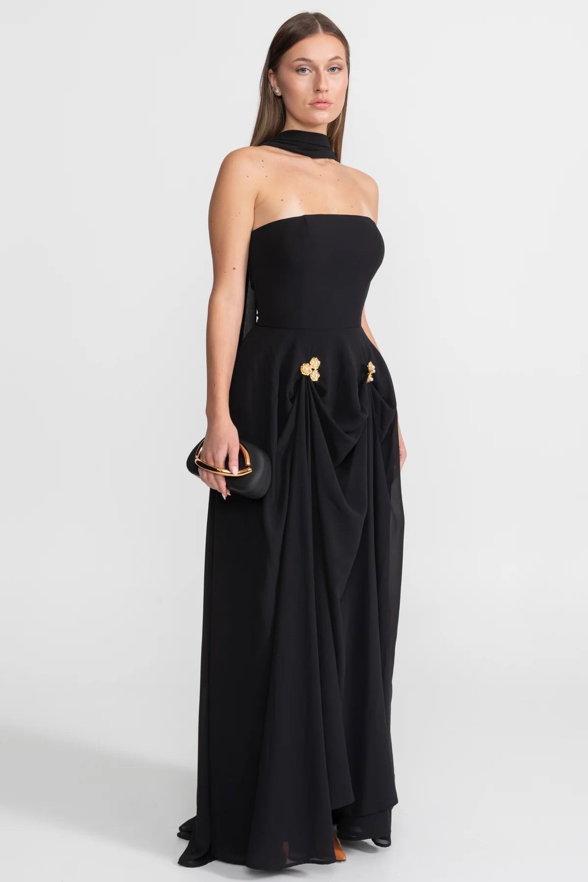Strapless Draped Gown With Gold Flower Embellishments – Black