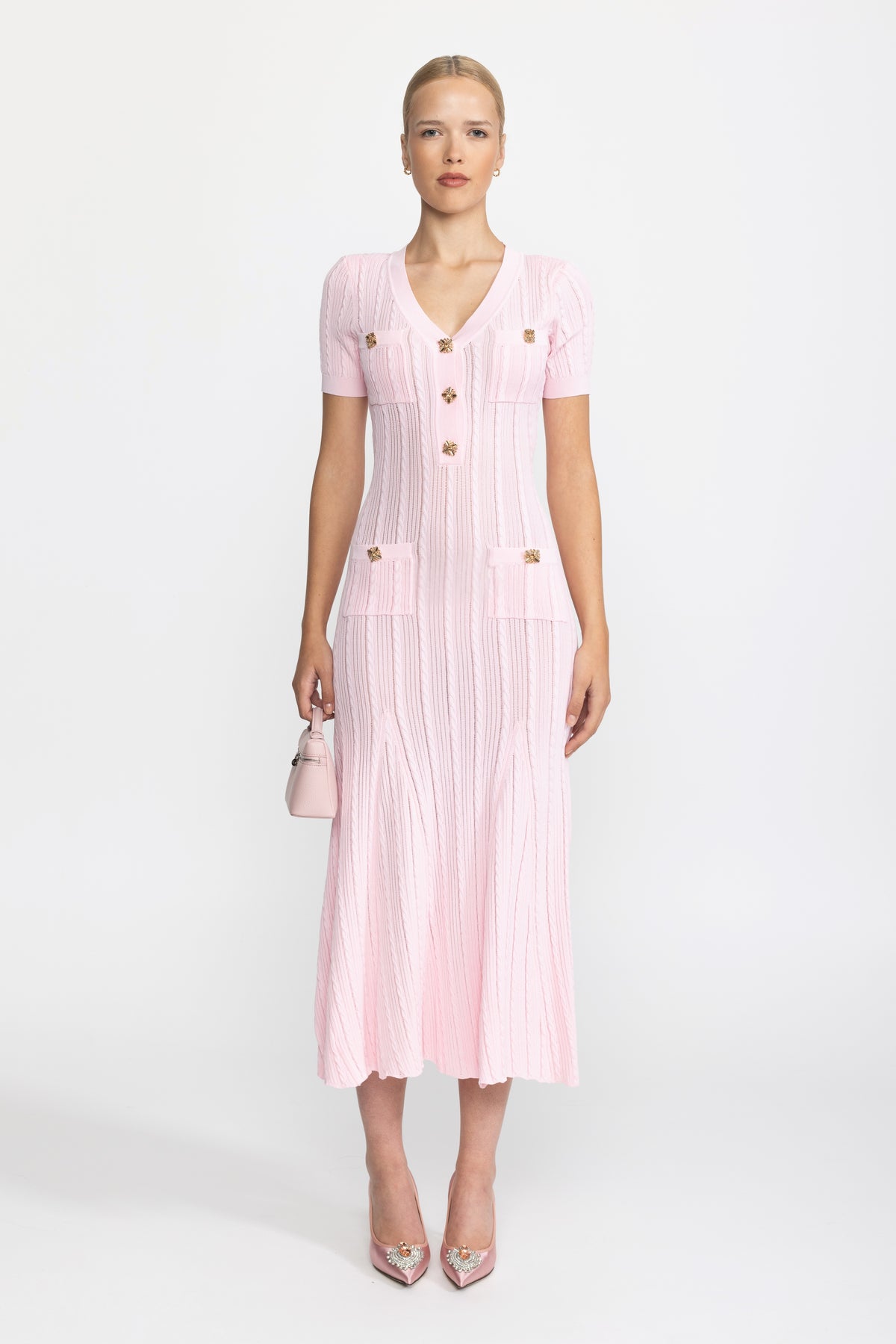 Cable Knit Jewel-Button Midi Dress - Pink