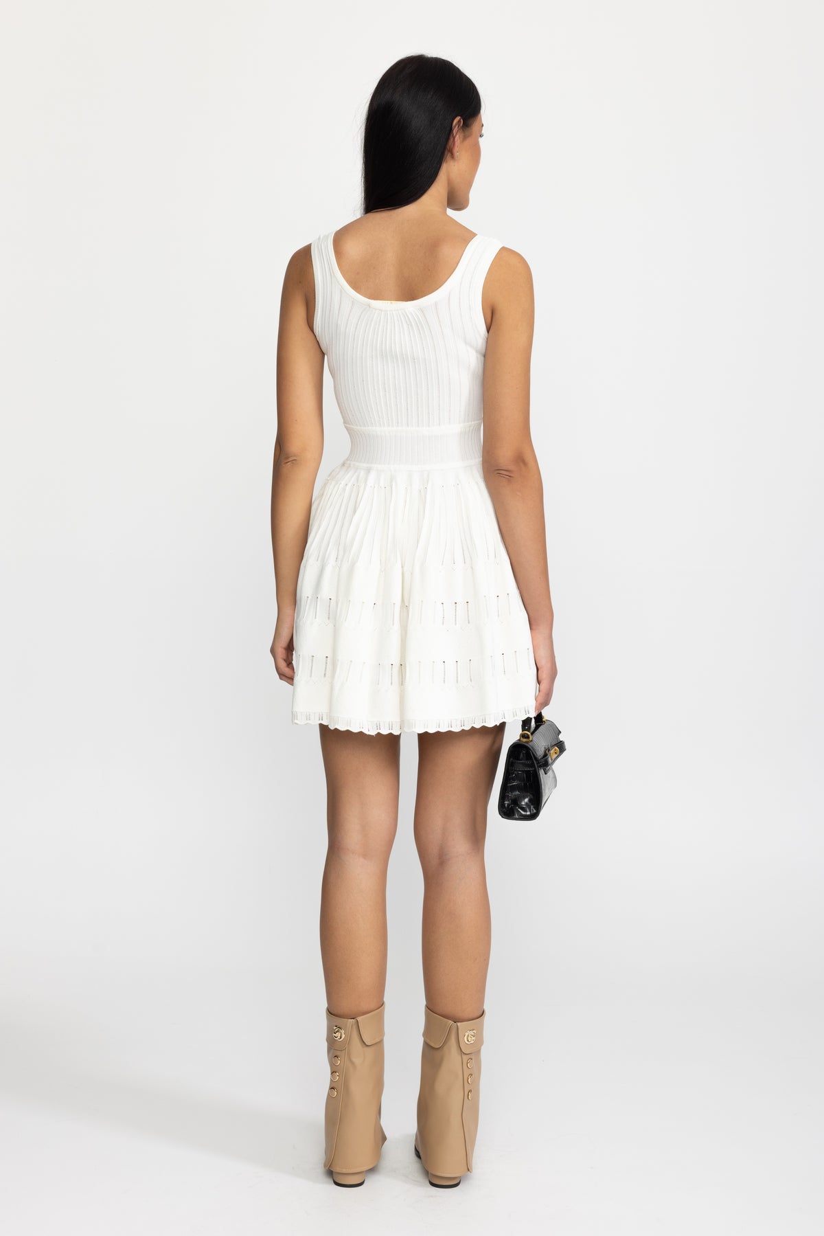 Abito mini skater in maglia pointelle - Bianco 