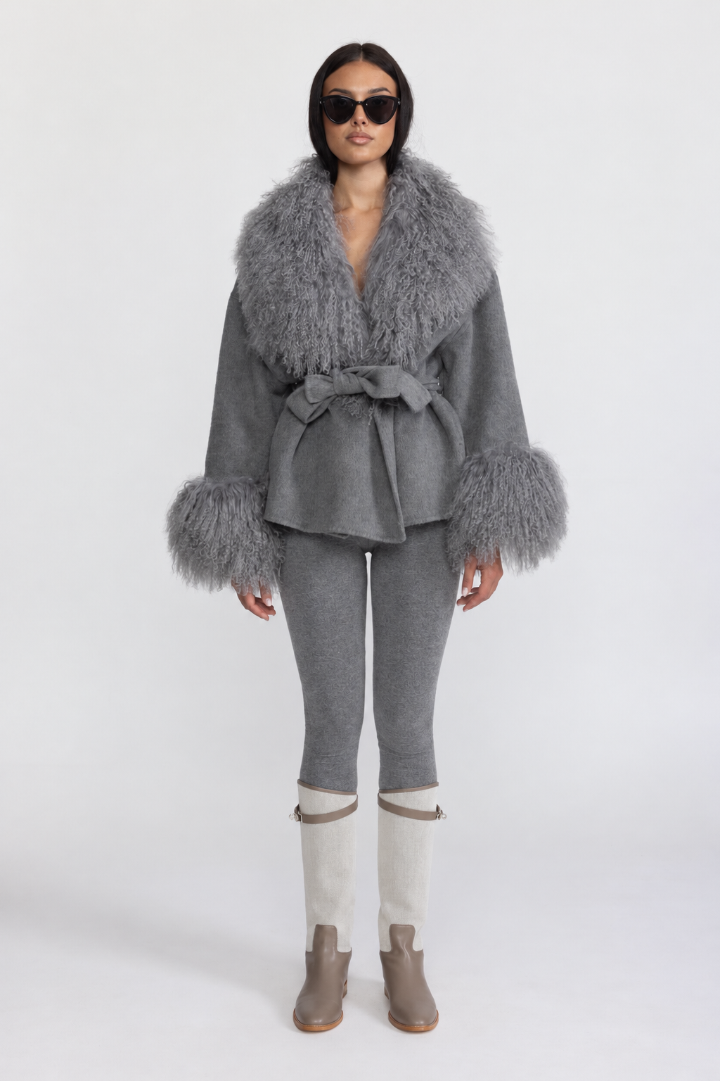 Belted Wool Jacket with Curly Fur-Effect Collar and Cuffs - Grey