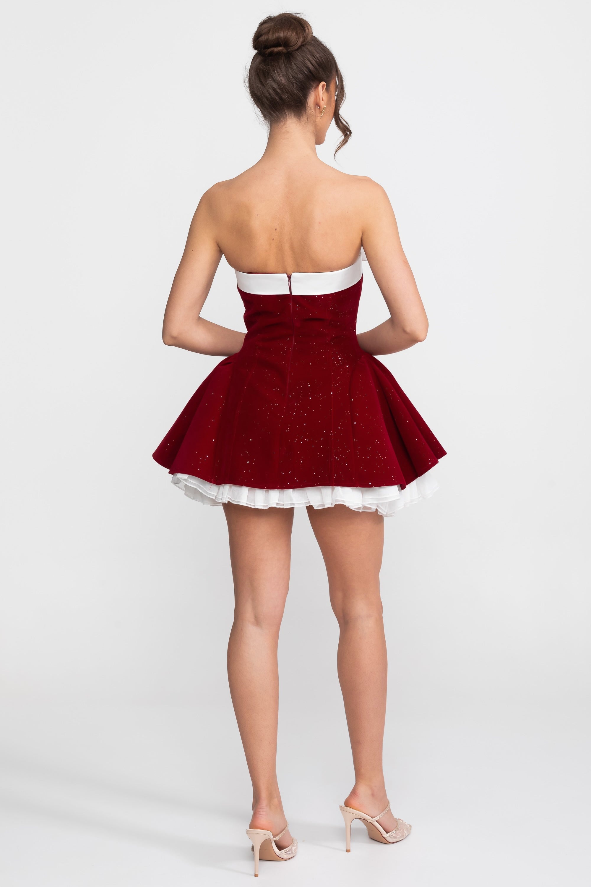 Strapless Velvet Mini Dress With Satin Bow And Ruffle Hem - Red