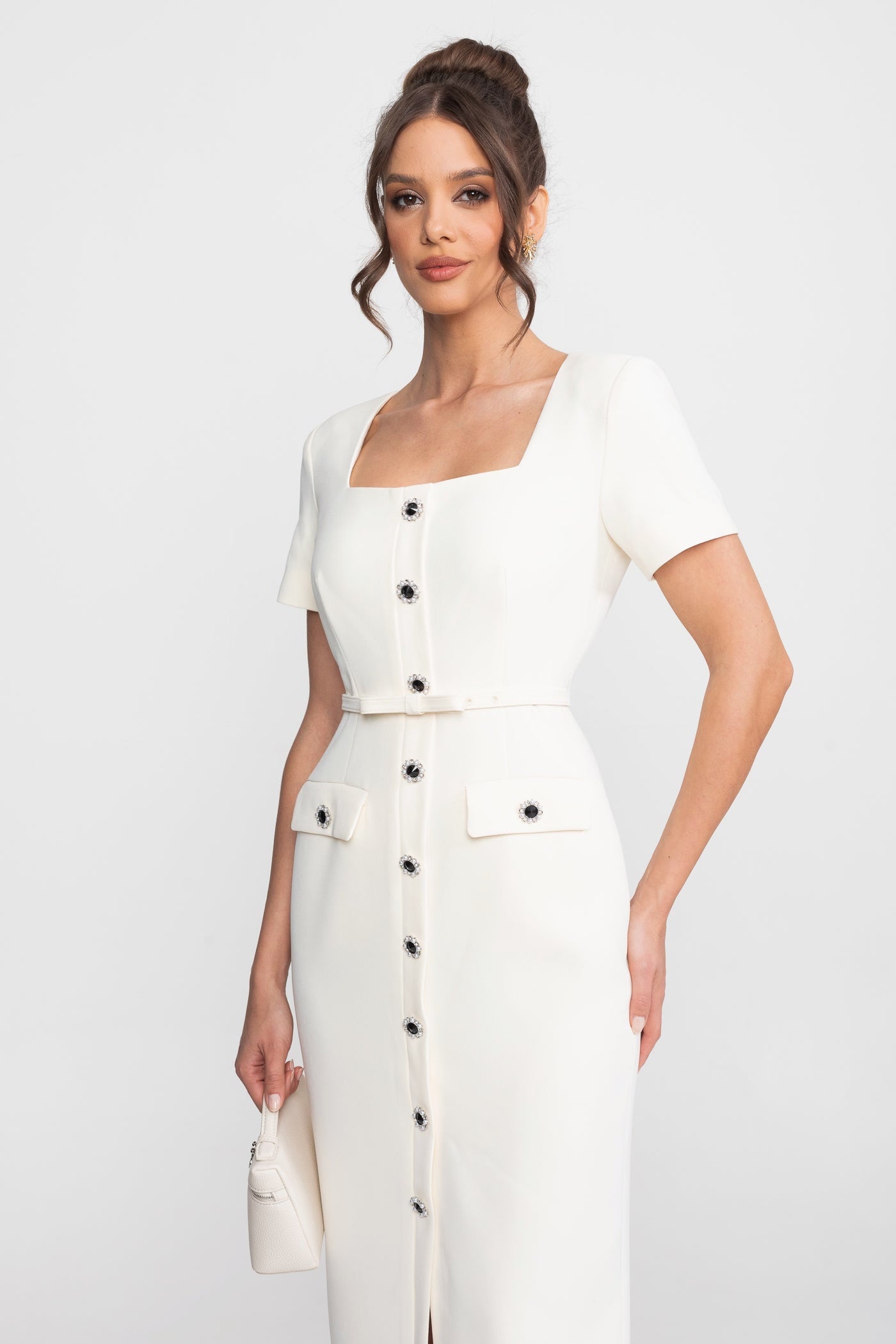 Abito Midi Con Scollo Quadrato E Chiusura Frontale Con Bottoni Gioiello - Bianco 