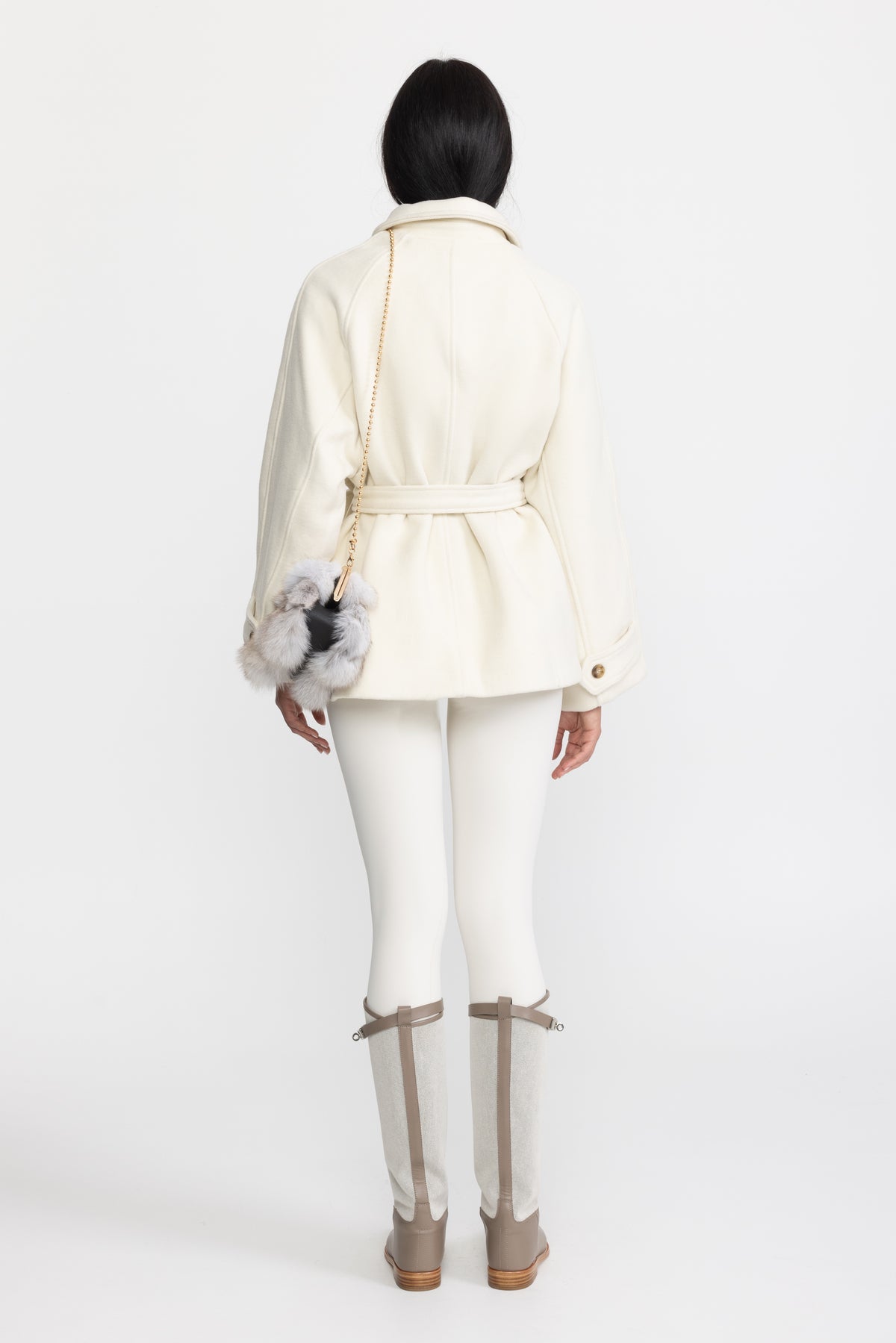 Giacca swing in lana e cashmere con cintura - Ivoire 