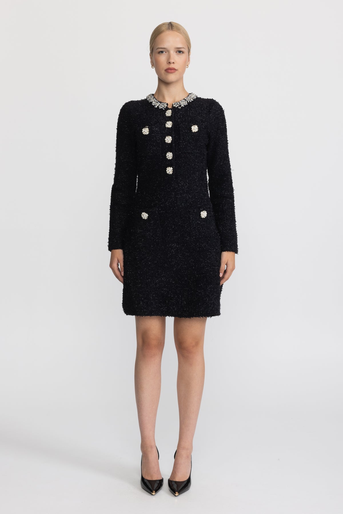 Mini abito in maglia bouclé con cristalli applicati - Nero 