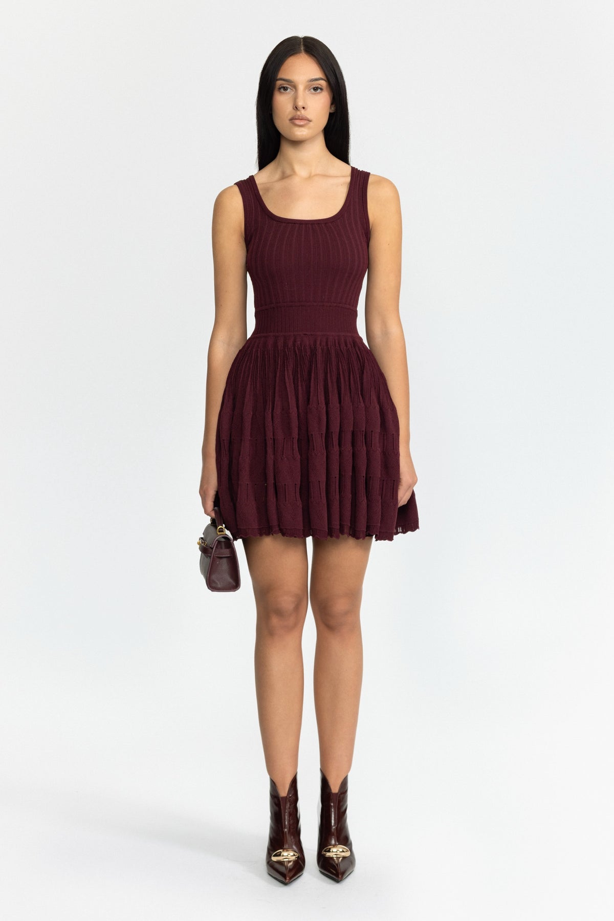 Mini abito skater in maglia pointelle - Wine 