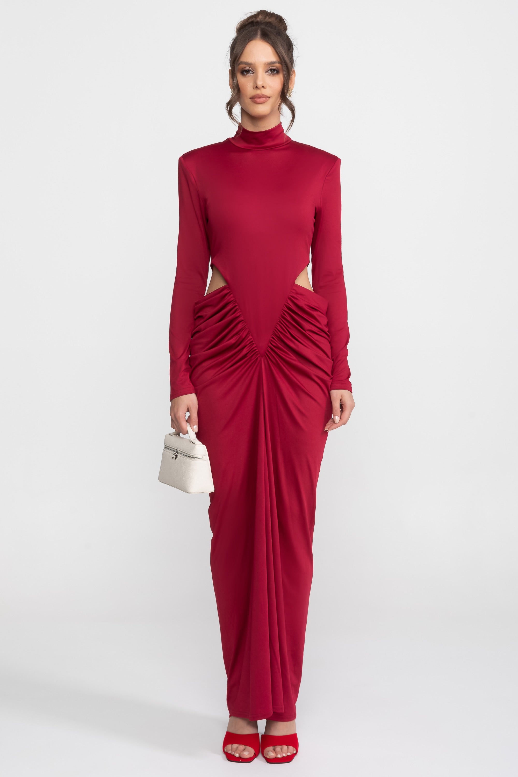 Abito Maxi con Collo Alto, Maniche Lunghe e Dettaglio Cut-Out in Vita - Rosso 