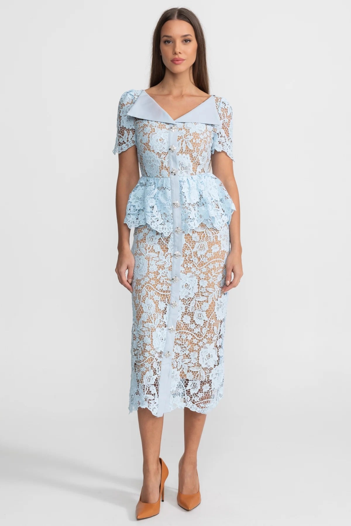 Lace Midi Dress with Peplum Waist and Satin Collar - Baby Blue