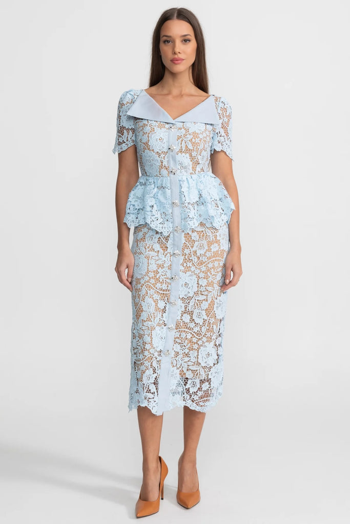 Abito Midi in Pizzo con Vita a Peplo e Colletto in Raso - Baby Blue 