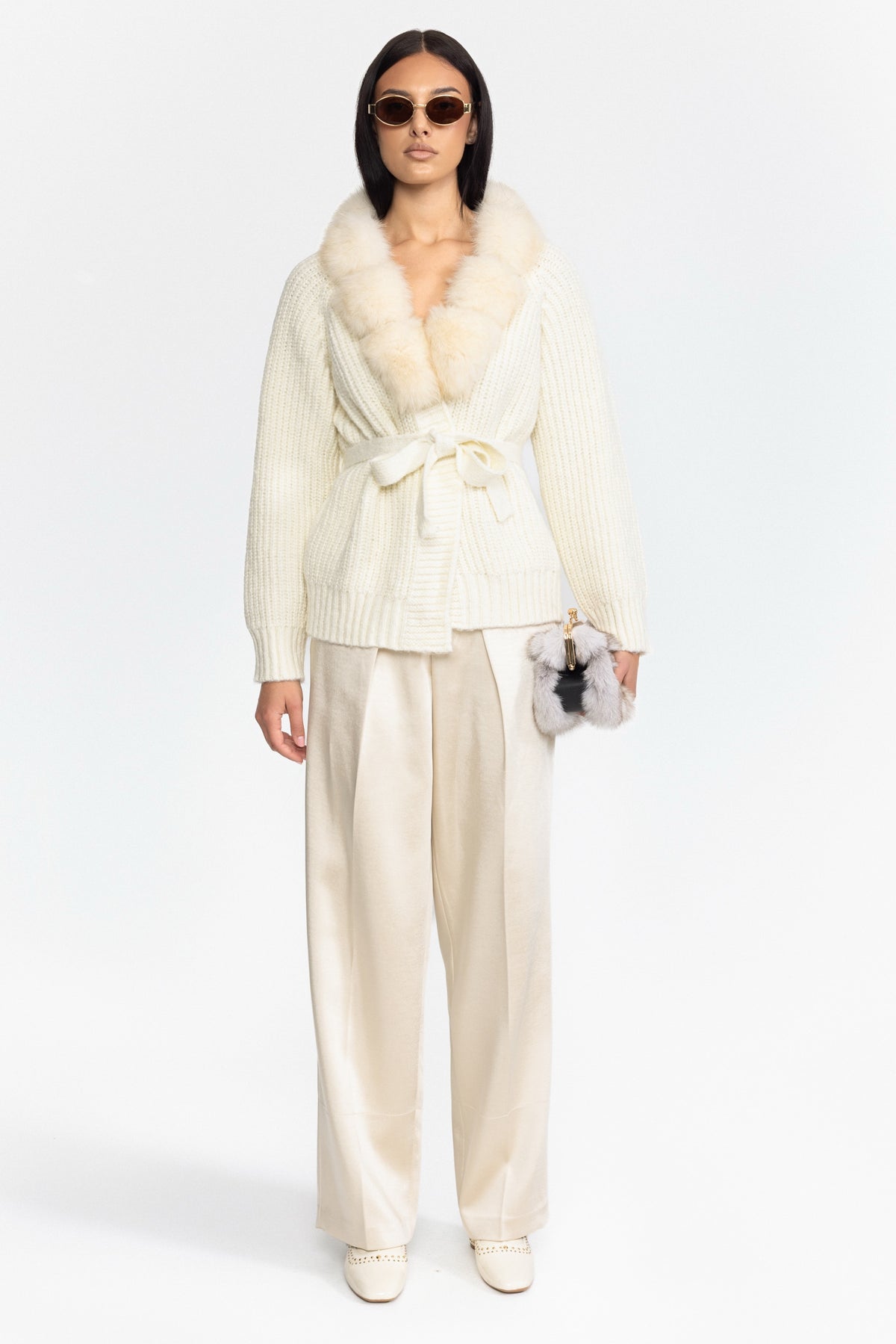 Fox Fur Collar Chunky Knit Belted Cardigan - Off-White