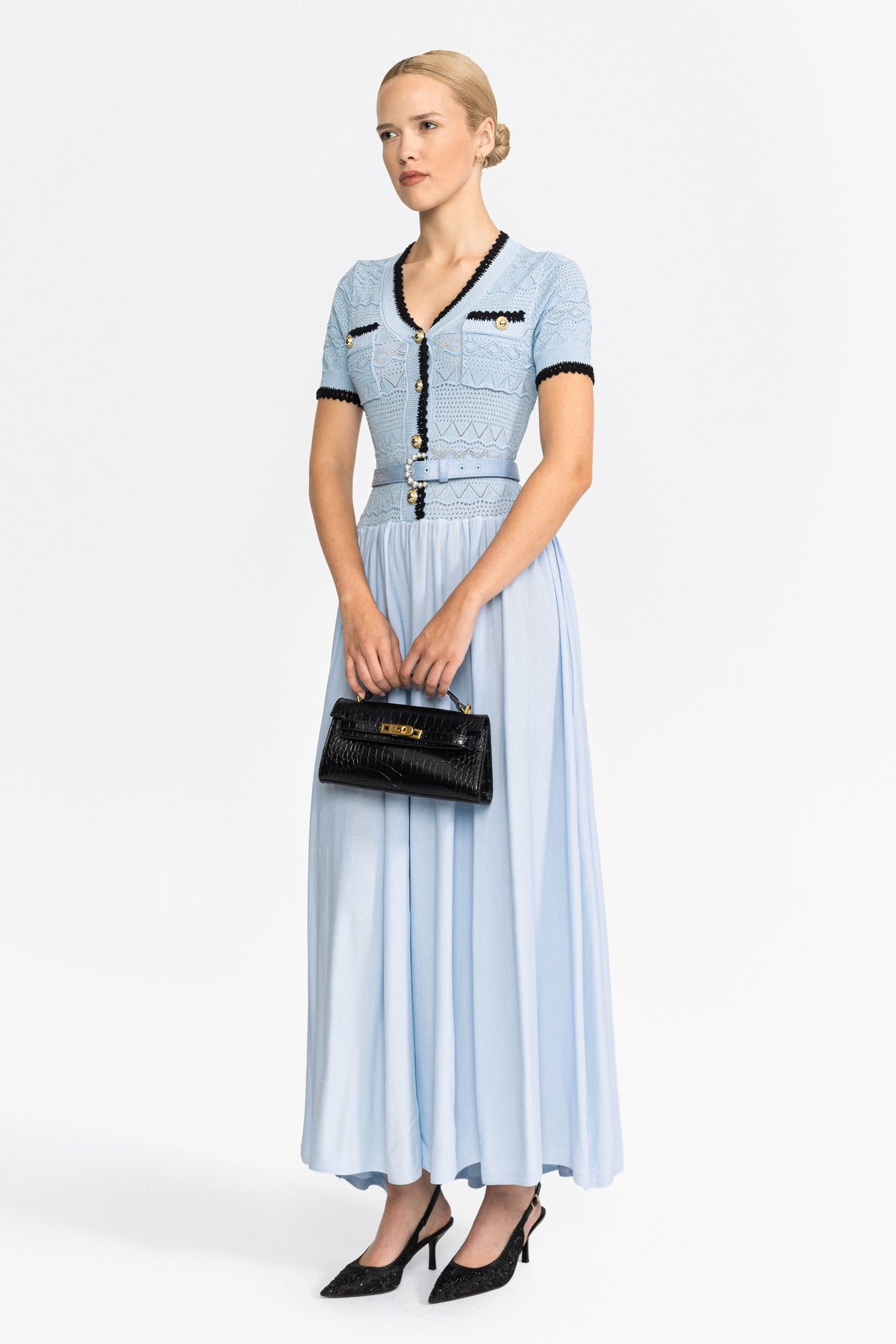 Abito lungo con corpino in maglia pointelle e cintura - Azzurro chiaro 