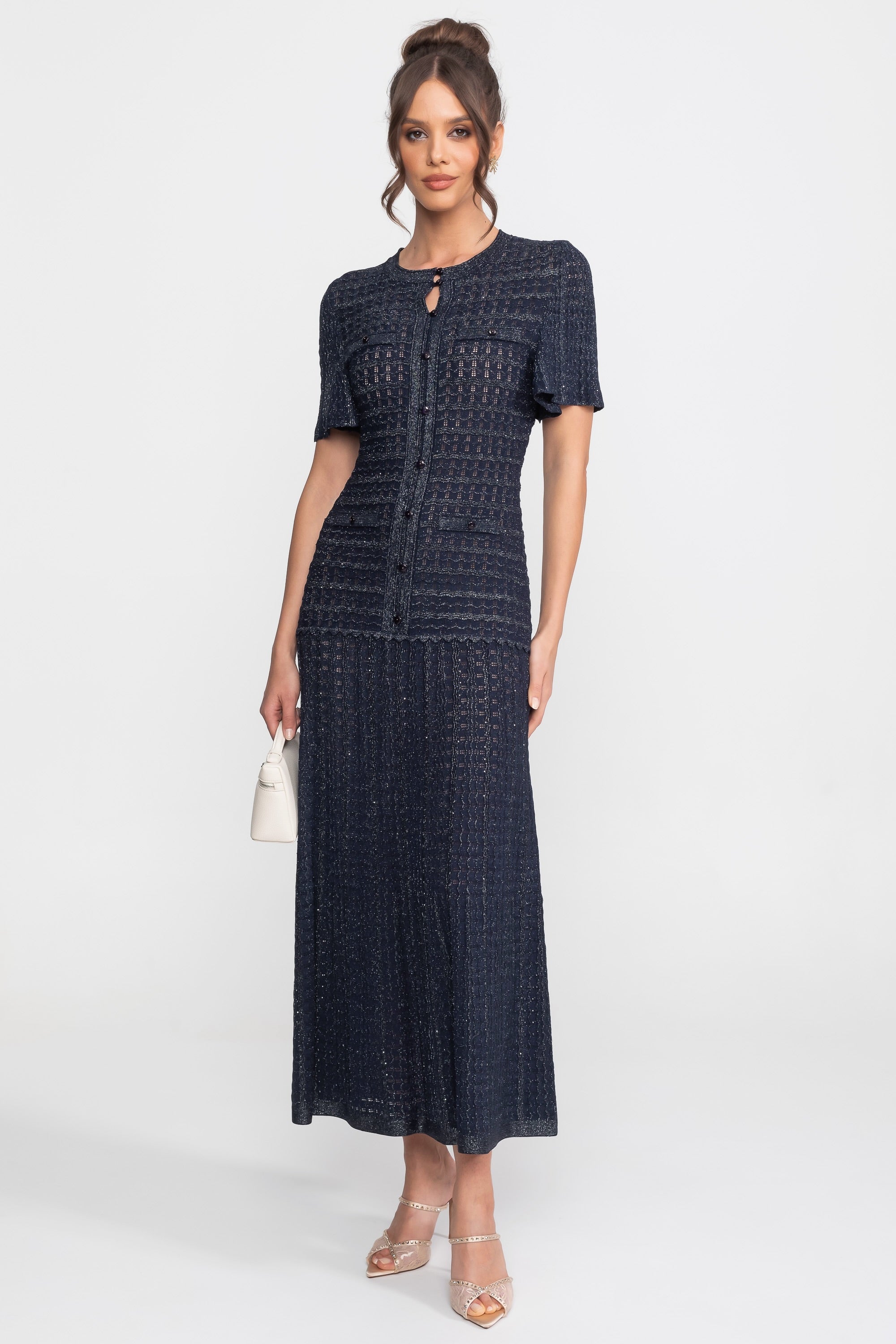 Abito midi a maniche corte con tessuto a maglia scintillante - Navy 