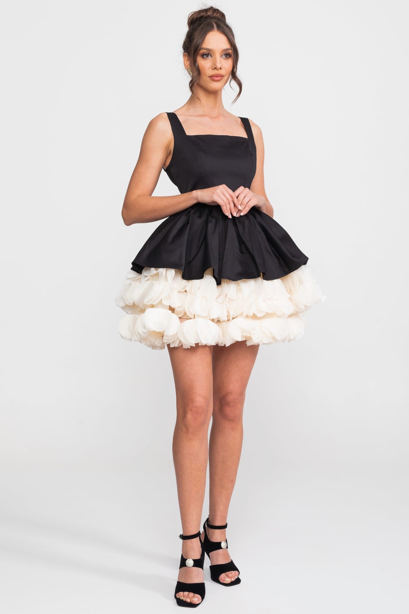 Strapless Mini Dress With Square Neckline And Ruffled Skirt Underlay - Black