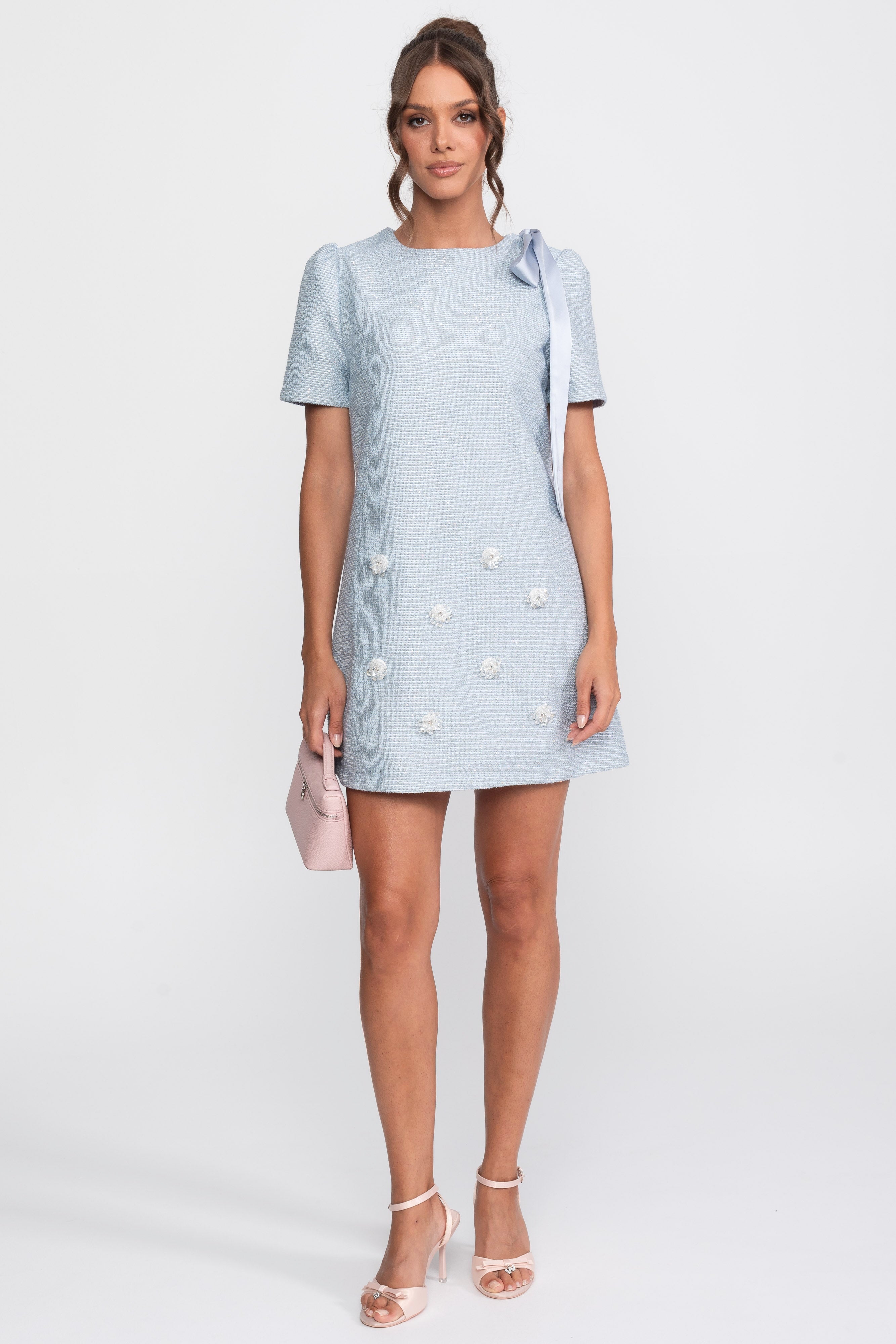 Bow Shoulder Sequin Tweed Mini Dress With Sparkling Flowers - Light Blue