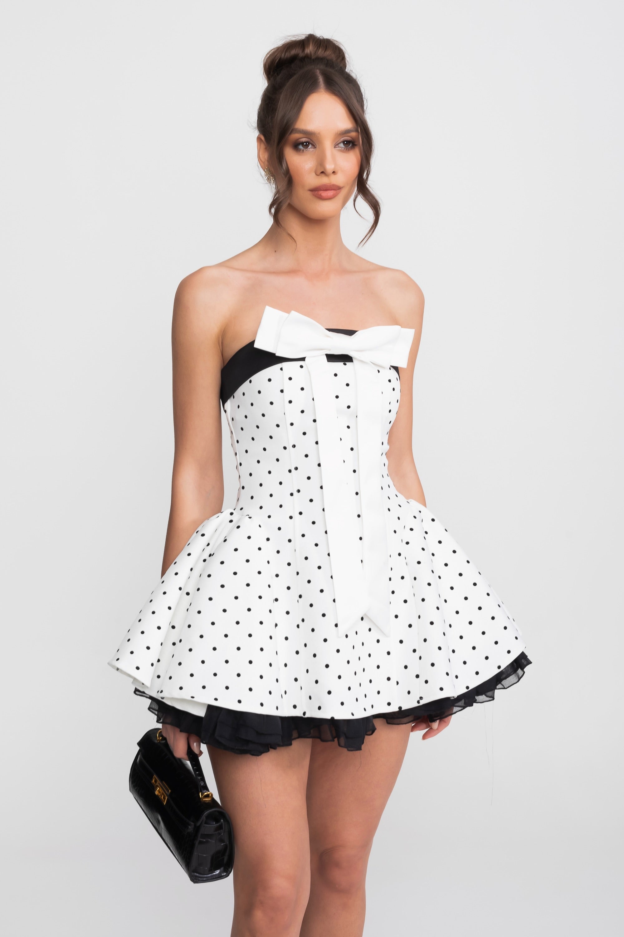 Strapless Velvet Mini Dress With Satin Bow And Ruffle Hem - White