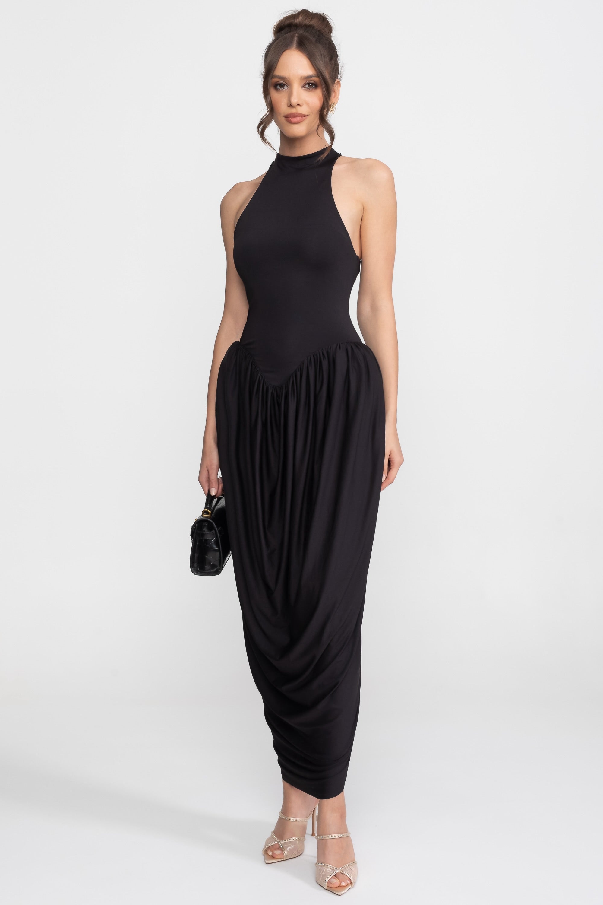Abito Maxi Halter-Neck con Gonna a Palloncino Arricciata - Nero 