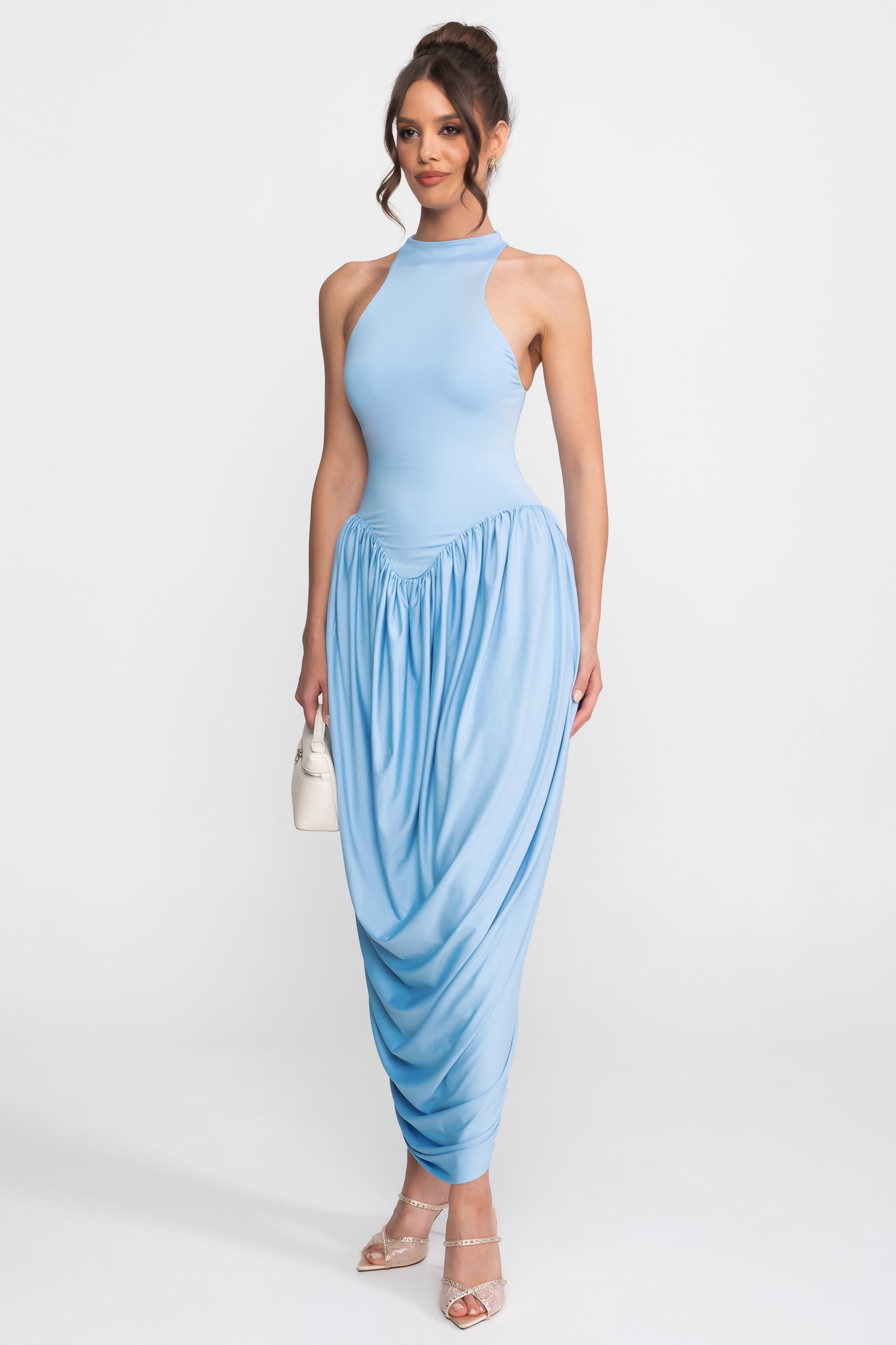 Abito Maxi con Collo All'Americana e Gonna a Palloncino Arricciata - Light Blue 