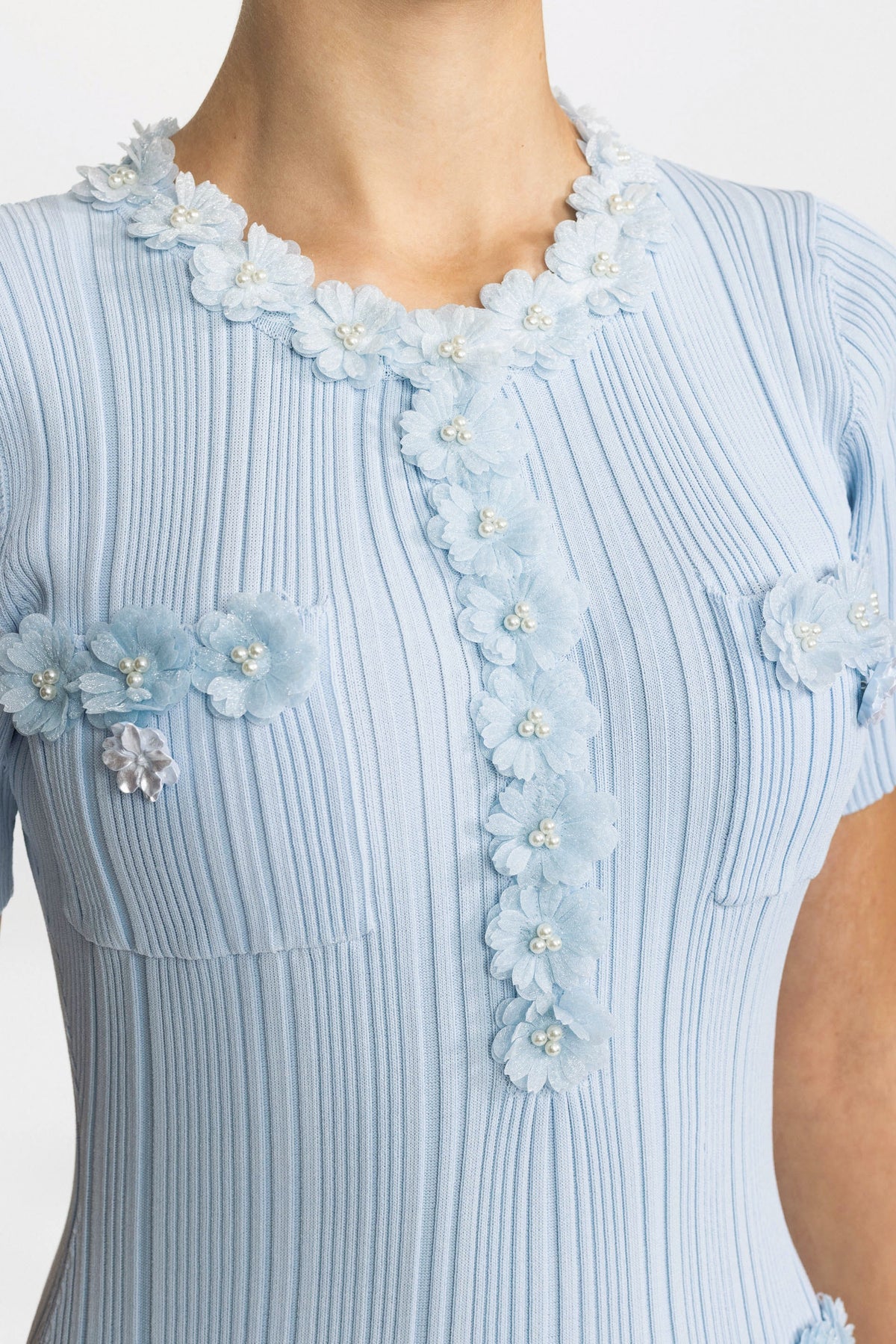 Ribbed Knit Flower Appliqué Midi Dress - Light Blue