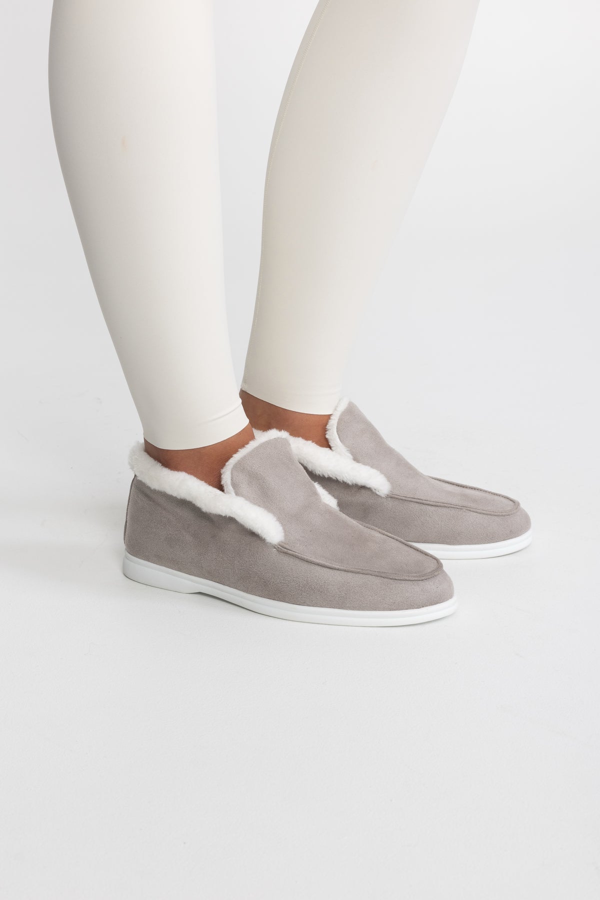 Plush Lined Suede-Effect Loafers - Light Grey