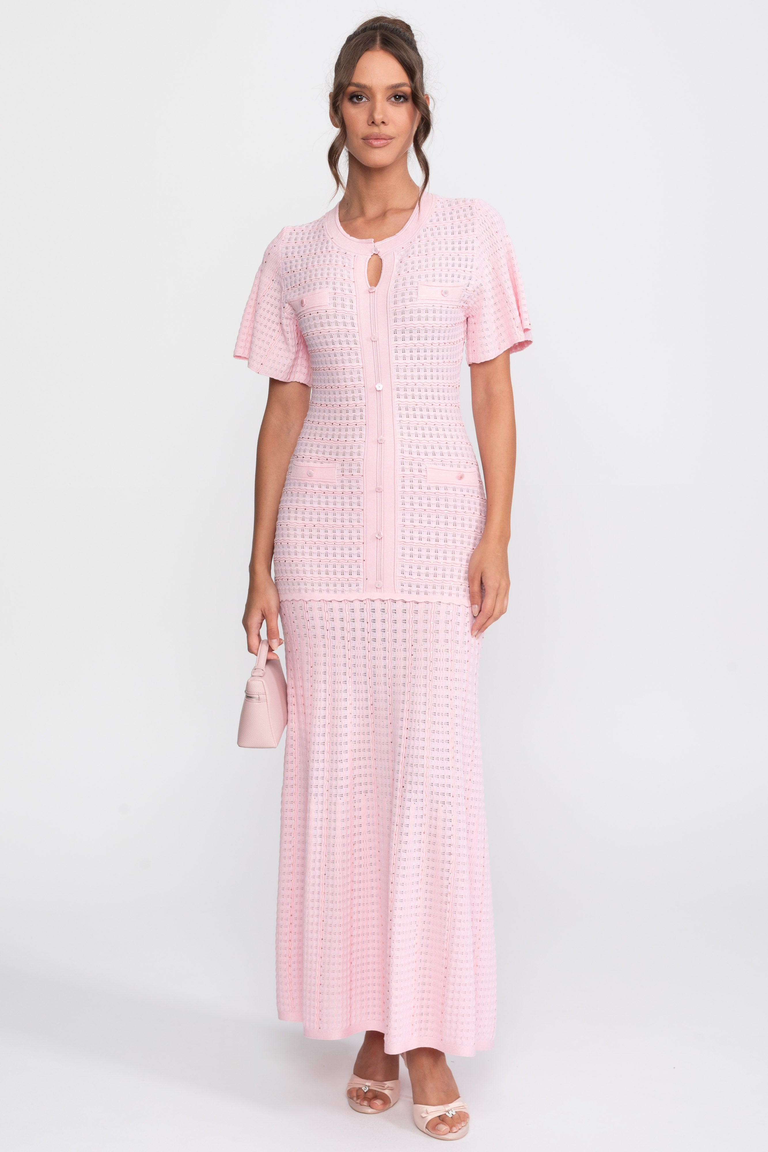 Abito midi a maniche corte con texture in maglia shimmer - Rosa 