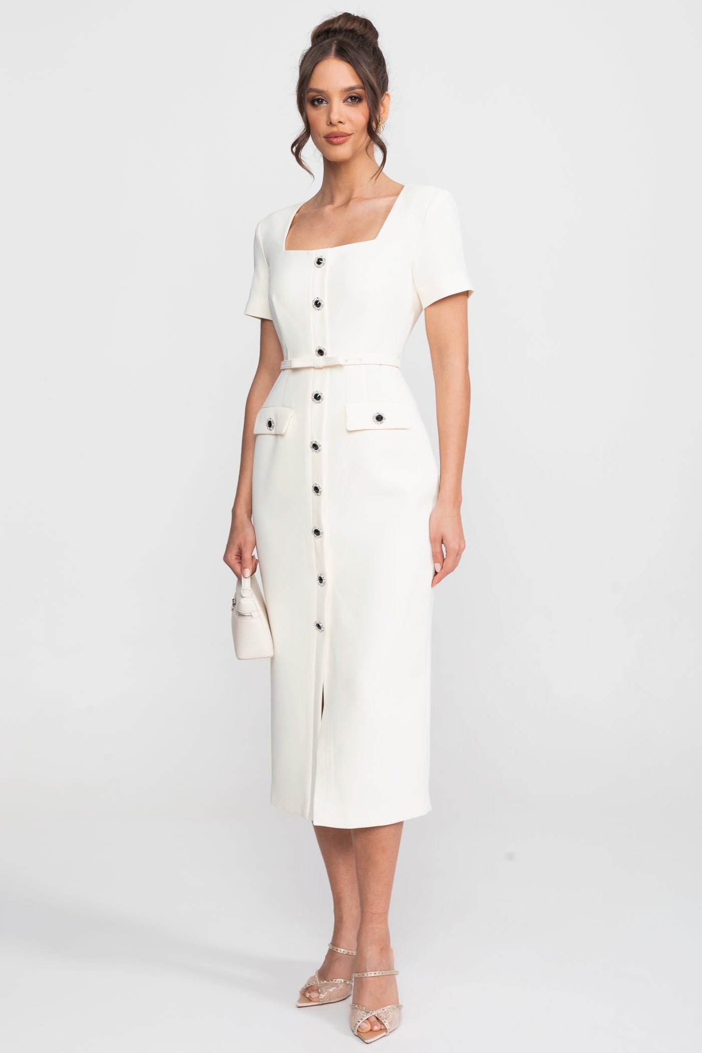 Abito Midi Con Scollo Quadrato E Chiusura Frontale Con Bottoni Gioiello - Bianco 