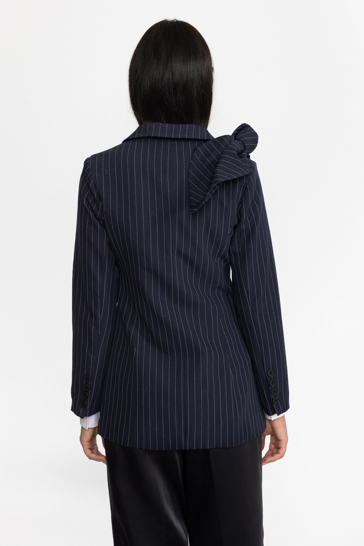 Blazer con fiocco annodato gessato - Navy 