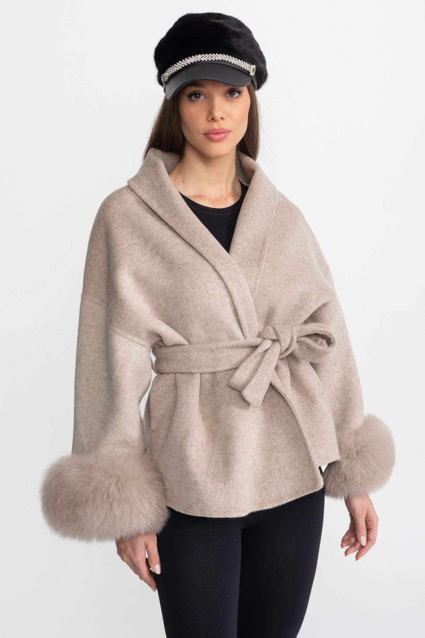 Wool Blend Wrap Jacket with Fox Fur Cuffs – Beige