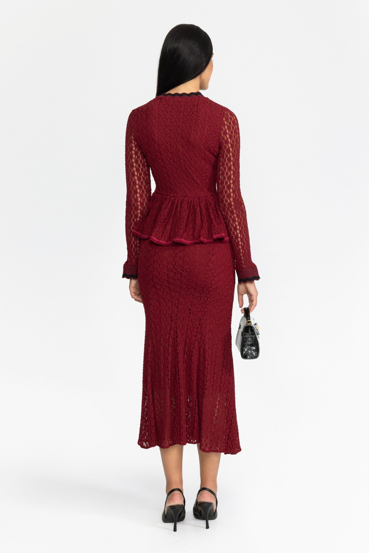 Crochet Knit Peplum Midi Dress with Ric-Rac Trim - Wine