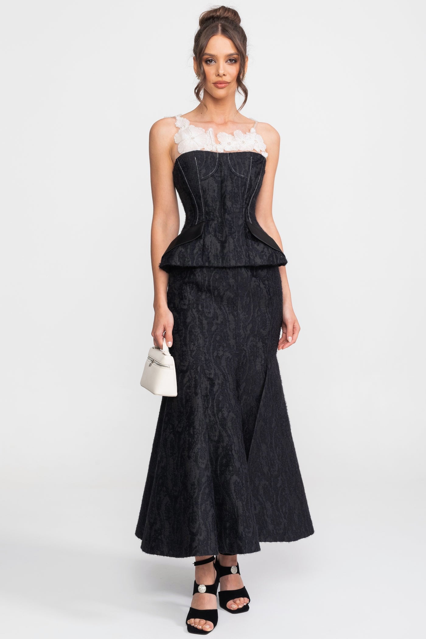 Set Maxi in jacquard con scollo floreale trasparente e vita peplum - Nero 