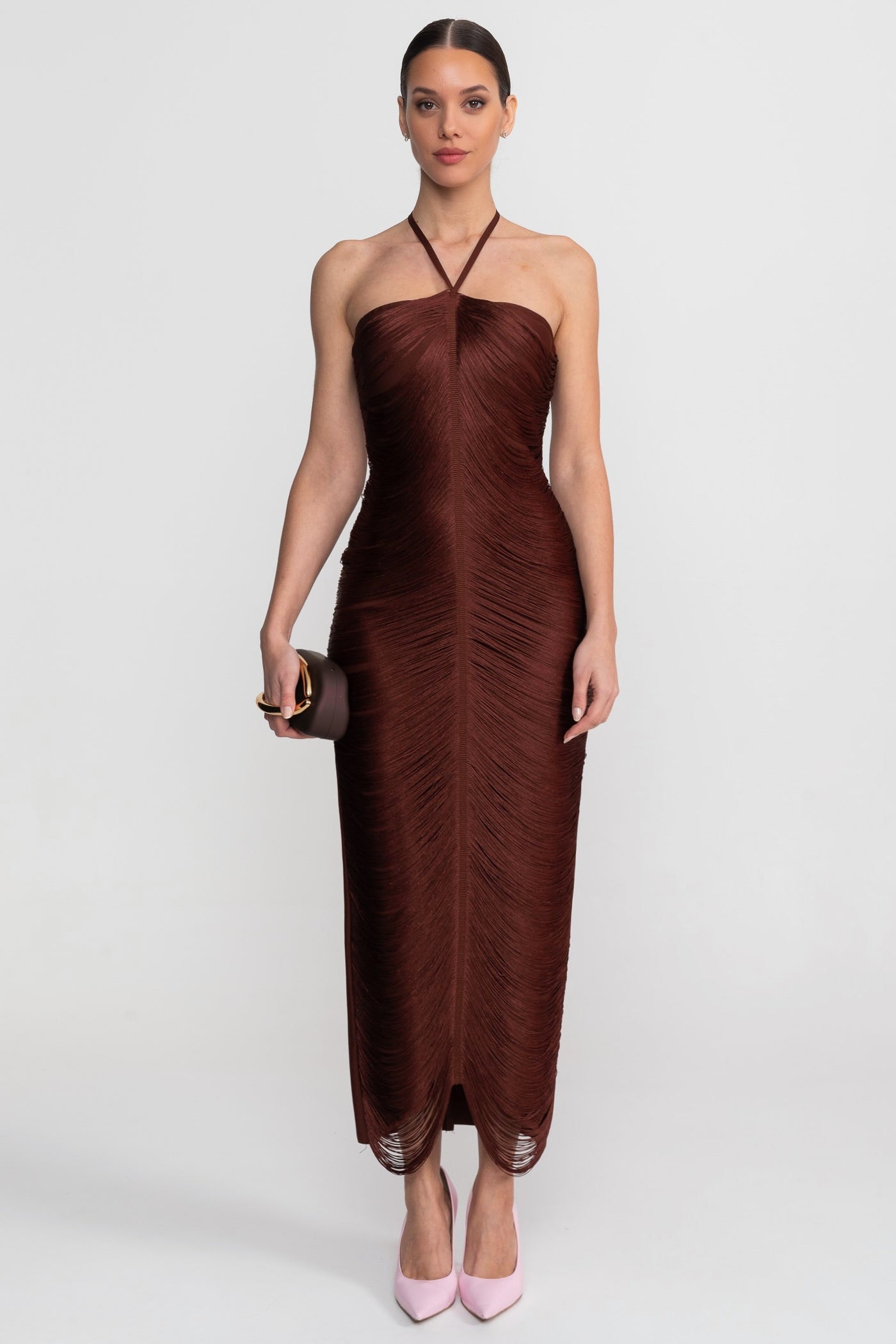 Halter Neck Midi Dress With All-Over Pleated Texture - Brown