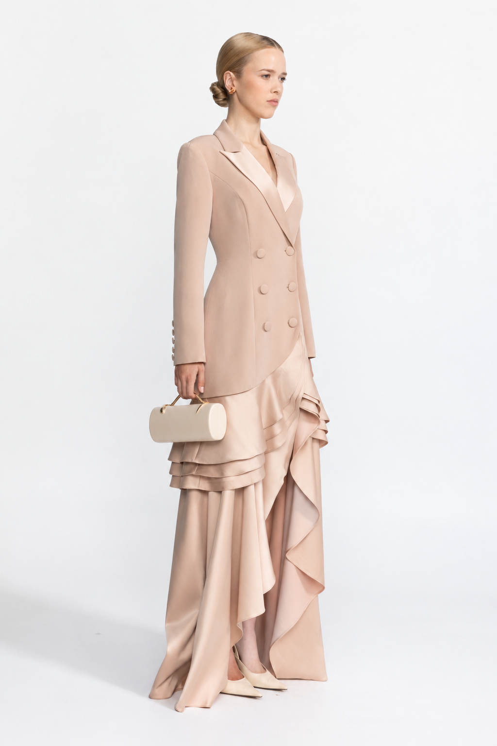 Satin Ruffle Hem Double-Breasted Blazer Maxi Dress - Beige