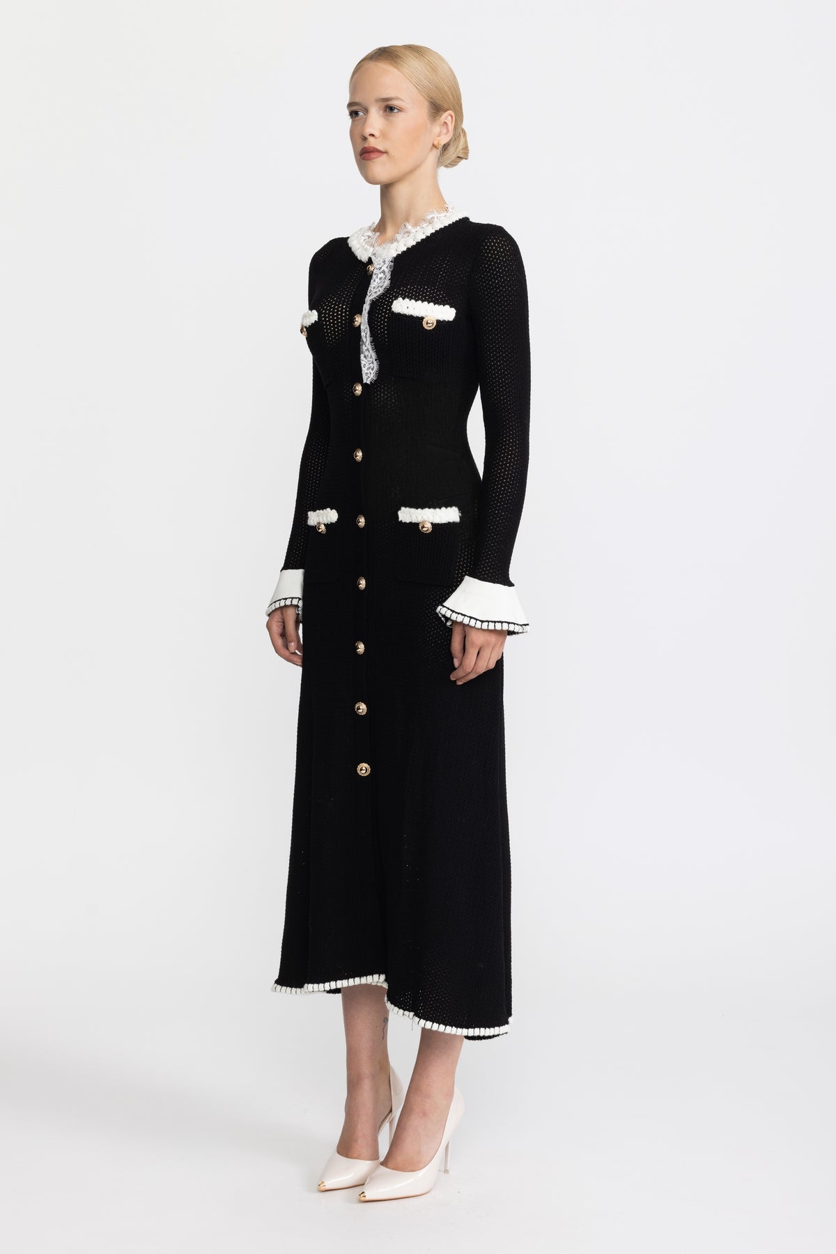 Lace Trim Pointelle Knit Button-Front Midi Dress - Black