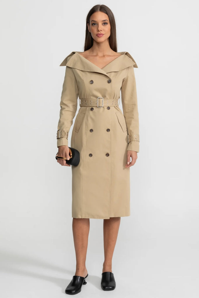 Off-Shoulder Double-Breasted Trench Coat Dress With Belted Waist – Brown