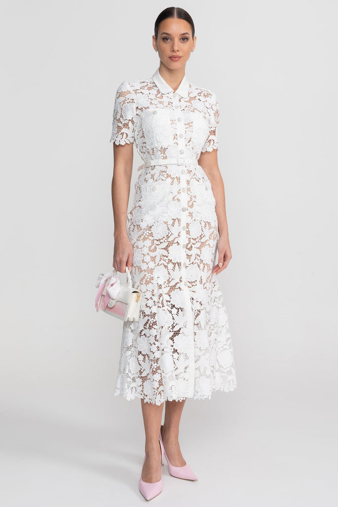 Abito midi in pizzo con maniche corte, scollo con colletto e vita con cintura - Bianco 