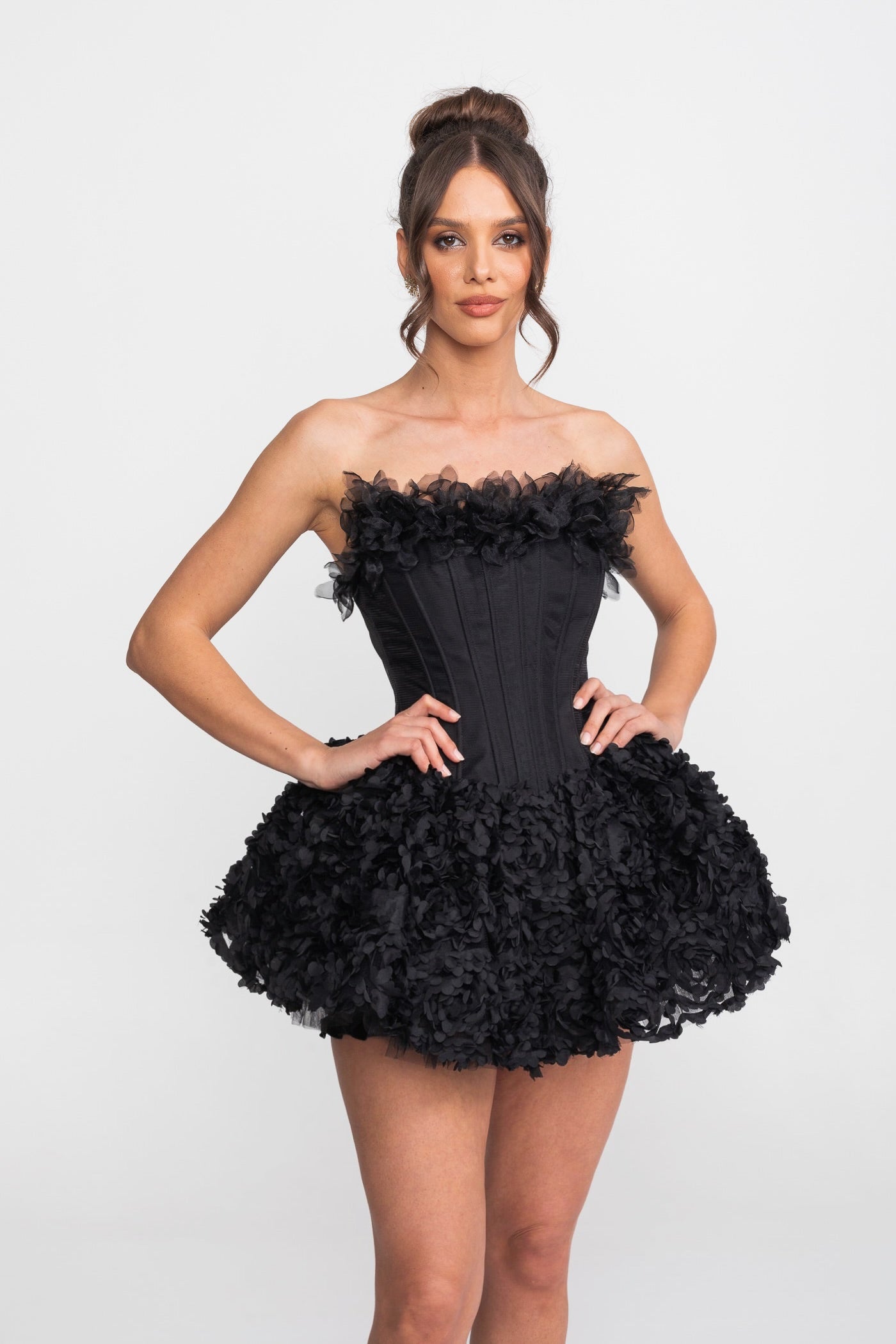 Strapless Corset Mini Dress With 3D Rose Appliqué Skirt - Black
