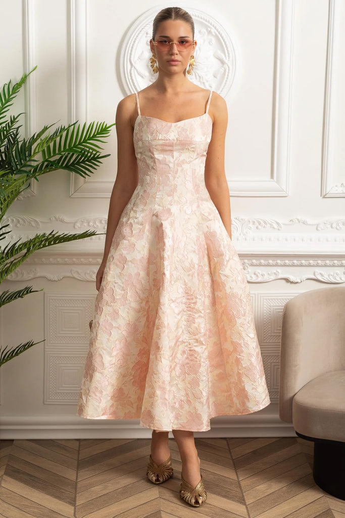 Abito Midi in Jacquard con Motivo Floreale e Spalline Sottili - Blush Pink 