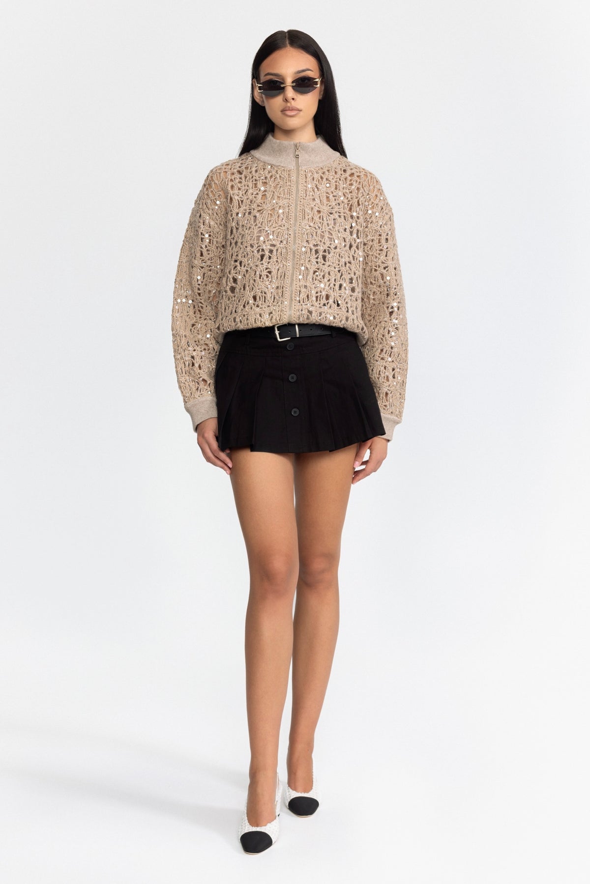 Sequin Open-Knit Zip Cardigan - Beige