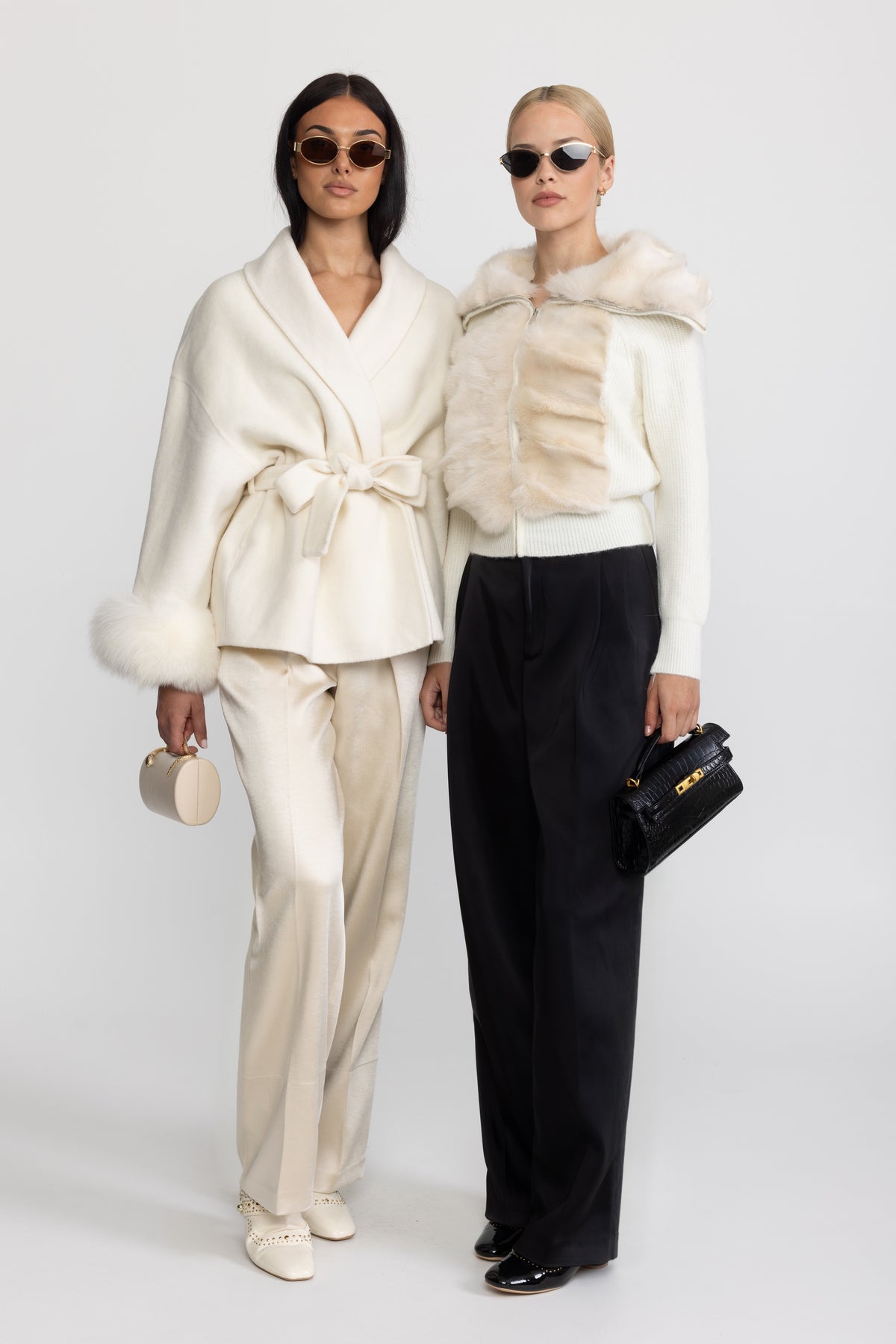 Cardigan in maglia con pannello in pelliccia di coniglio e zip - Ivoire 