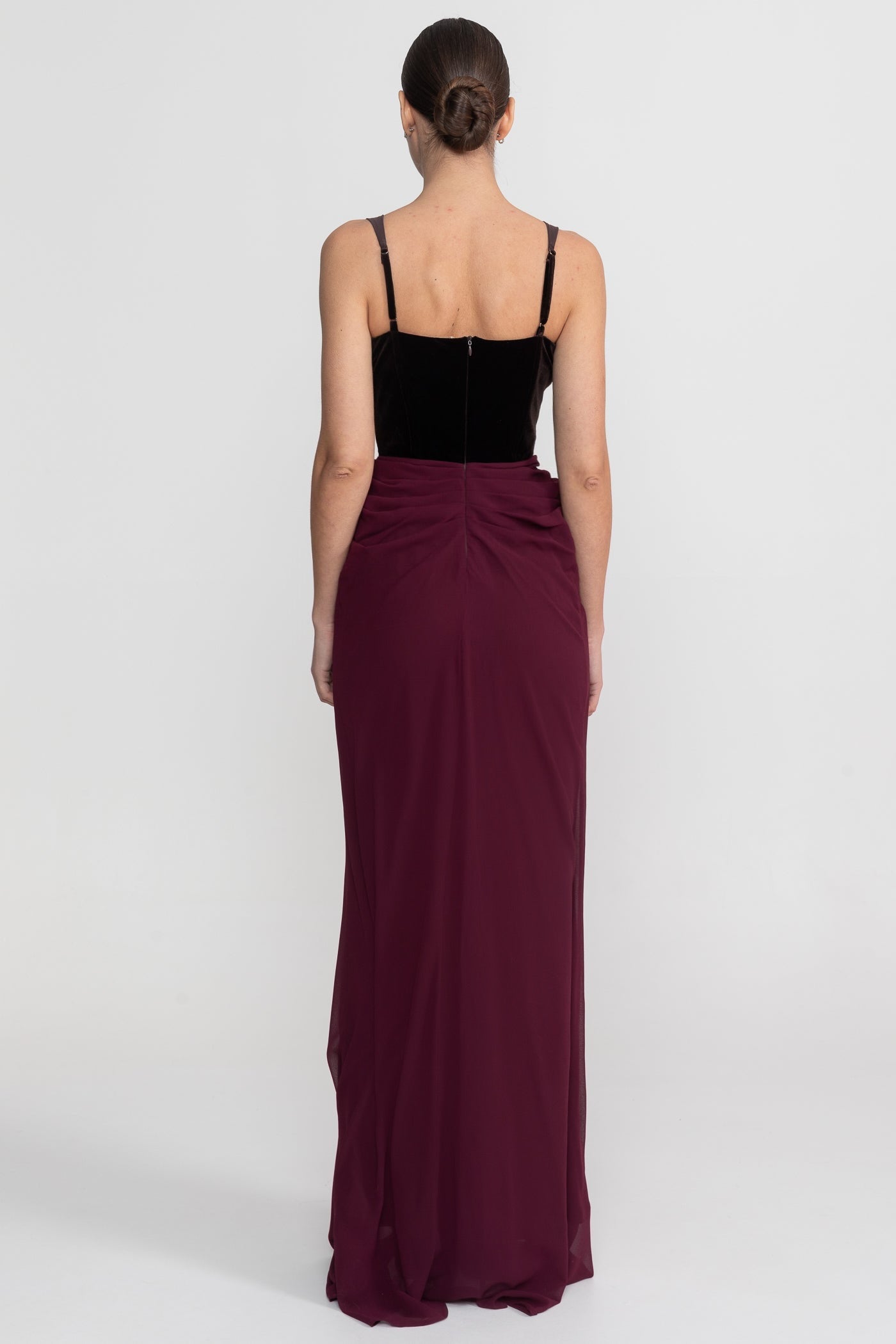Abito Maxi con Corsetto in Velluto e Gonna Fluttuante - Bordeaux 