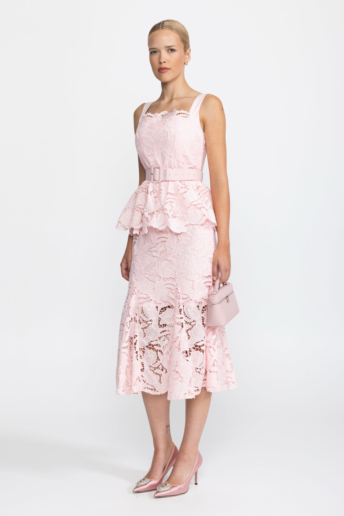 Abito midi peplum in pizzo guipure - Rosa 