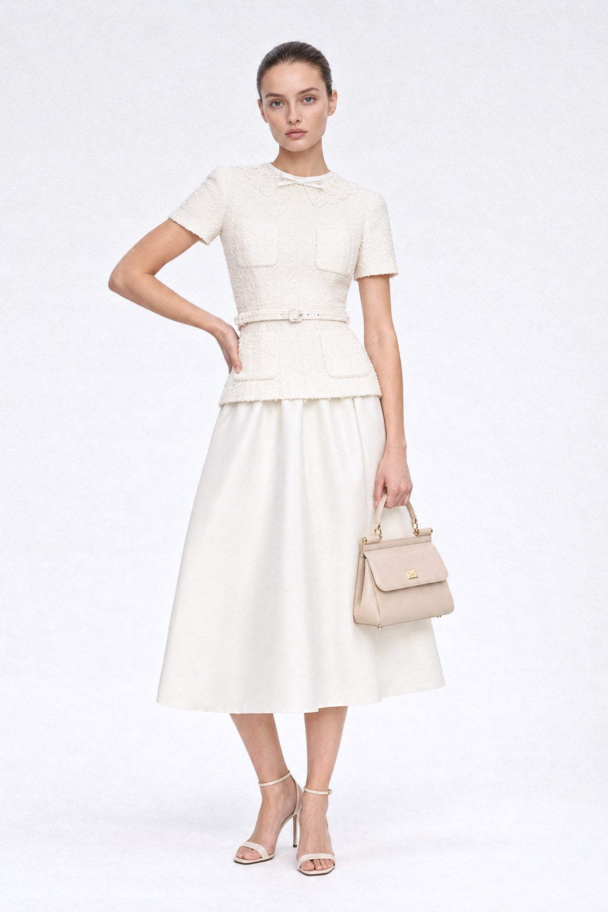 Abito Midi Peplum in Tweed con Colletto in Pizzo - Ivoire 
