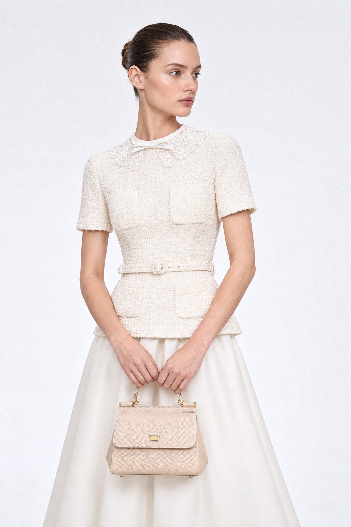 Abito Midi Peplum in Tweed con Colletto in Pizzo - Ivoire 