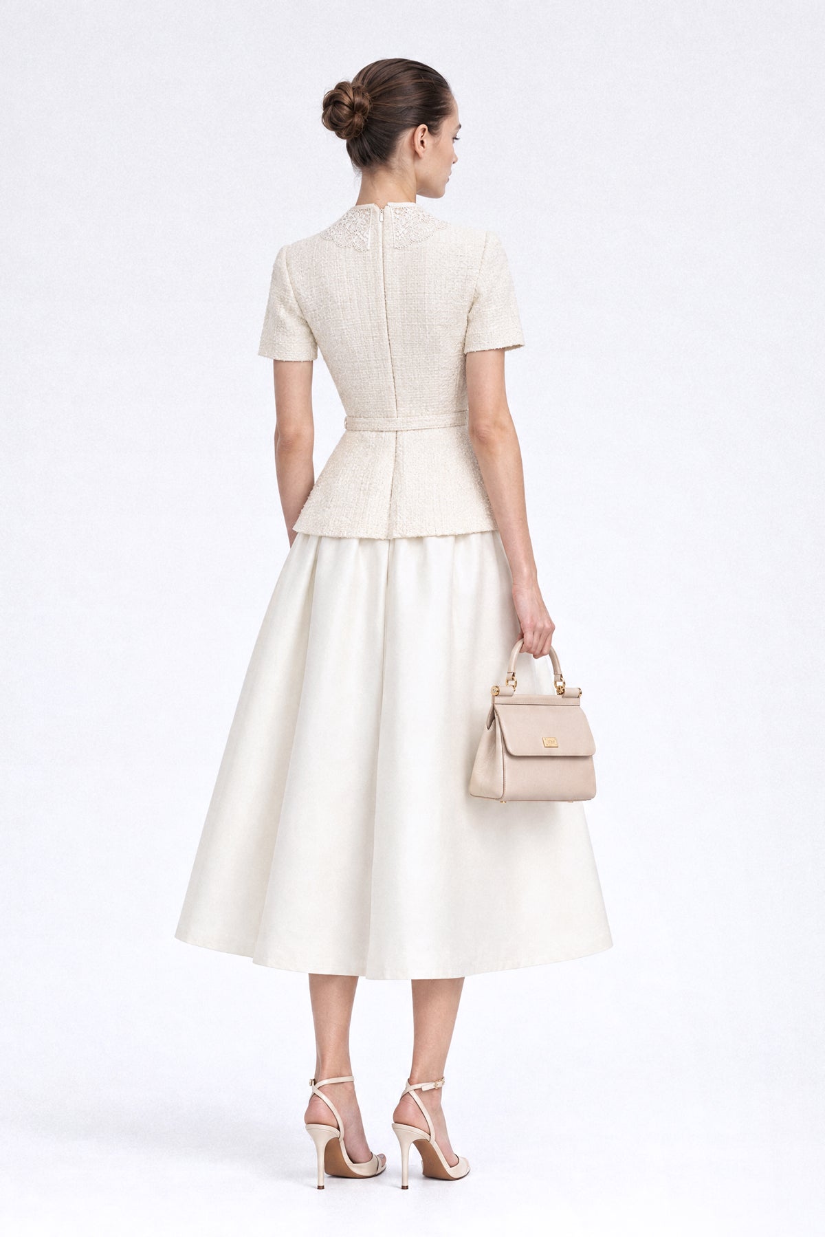 Abito Midi Peplum in Tweed con Colletto in Pizzo - Ivoire 